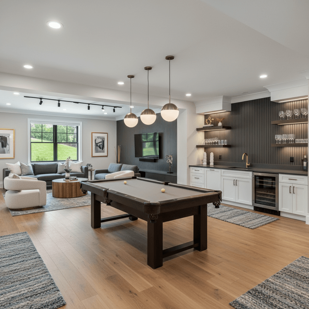 Luxury basement game room with pool table and wet bar in Maryland by Atlantic Construction
