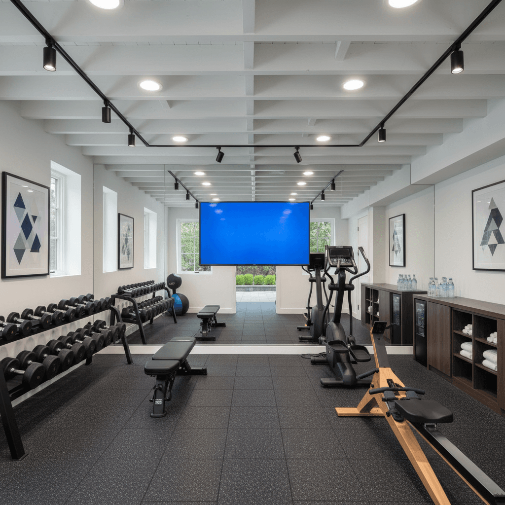 Luxury basement home gym with professional equipment and rubber flooring in Maryland by Atlantic Construction