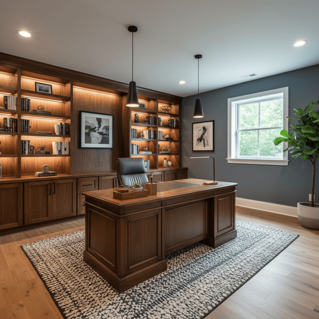 Professional basement home office with built-in bookshelves and desk in Maryland by Atlantic Construction