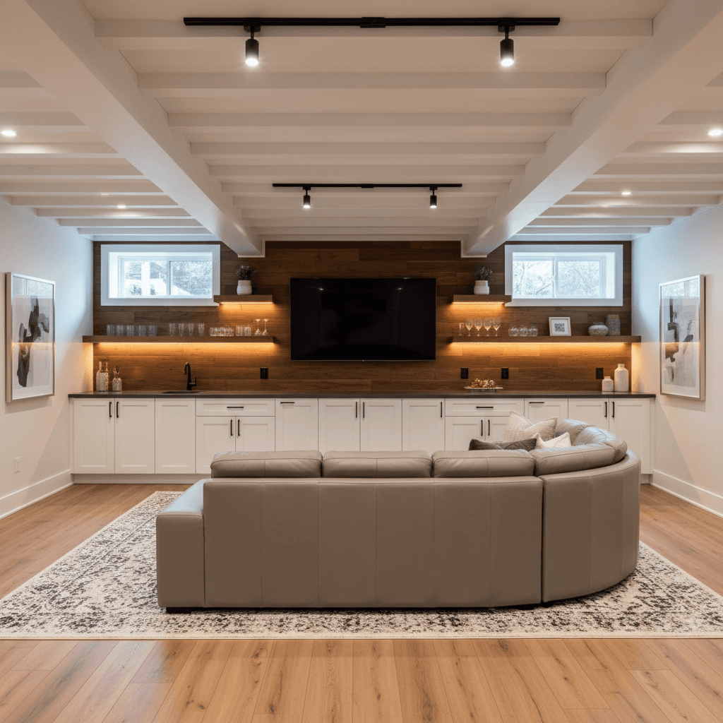 Luxury finished basement entertainment space with custom bar and LED lighting in Maryland by Atlantic Construction