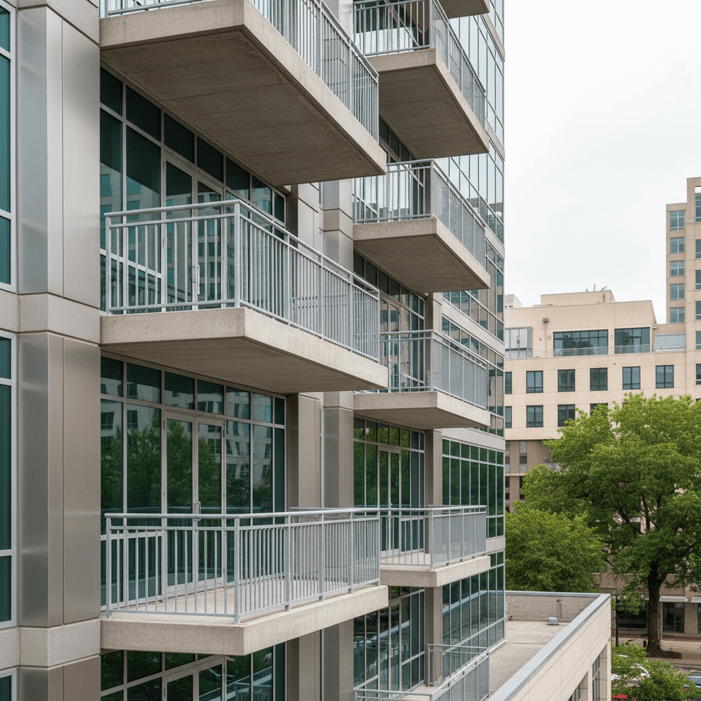 Commercial building balcony concrete restoration with professional waterproofing in DC