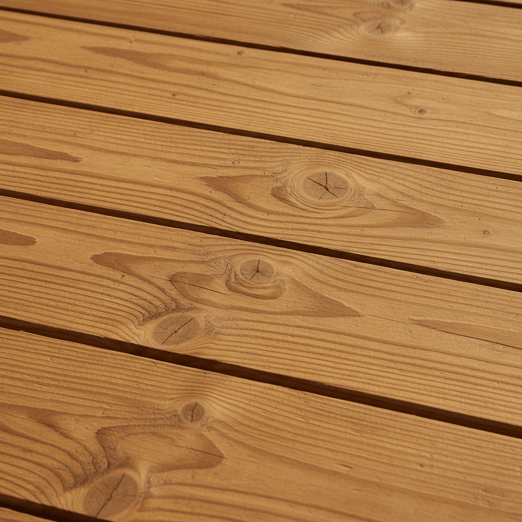 Close-up of natural pressure-treated wood decking boards with authentic grain and knots by Atlantic Construction