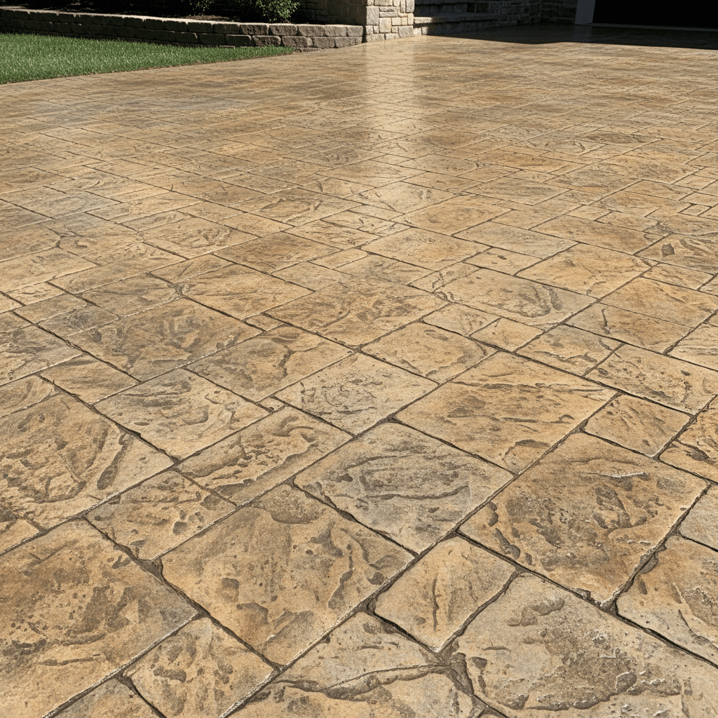 Stamped concrete driveway with ashlar slate pattern in Maryland by Atlantic Construction