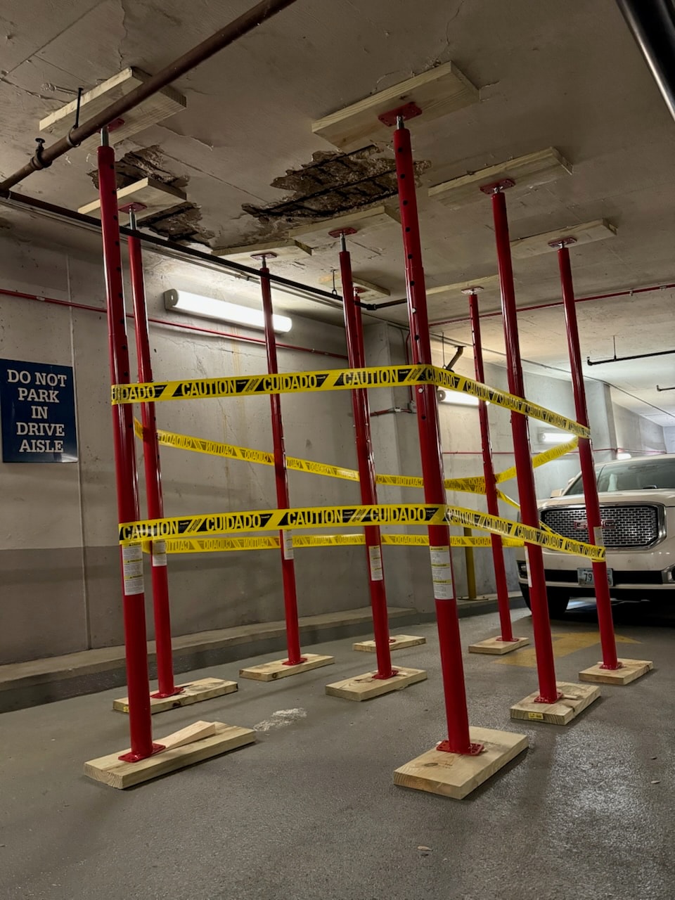 Commercial parking garage structural repair with shoring system in Maryland by Atlantic Construction