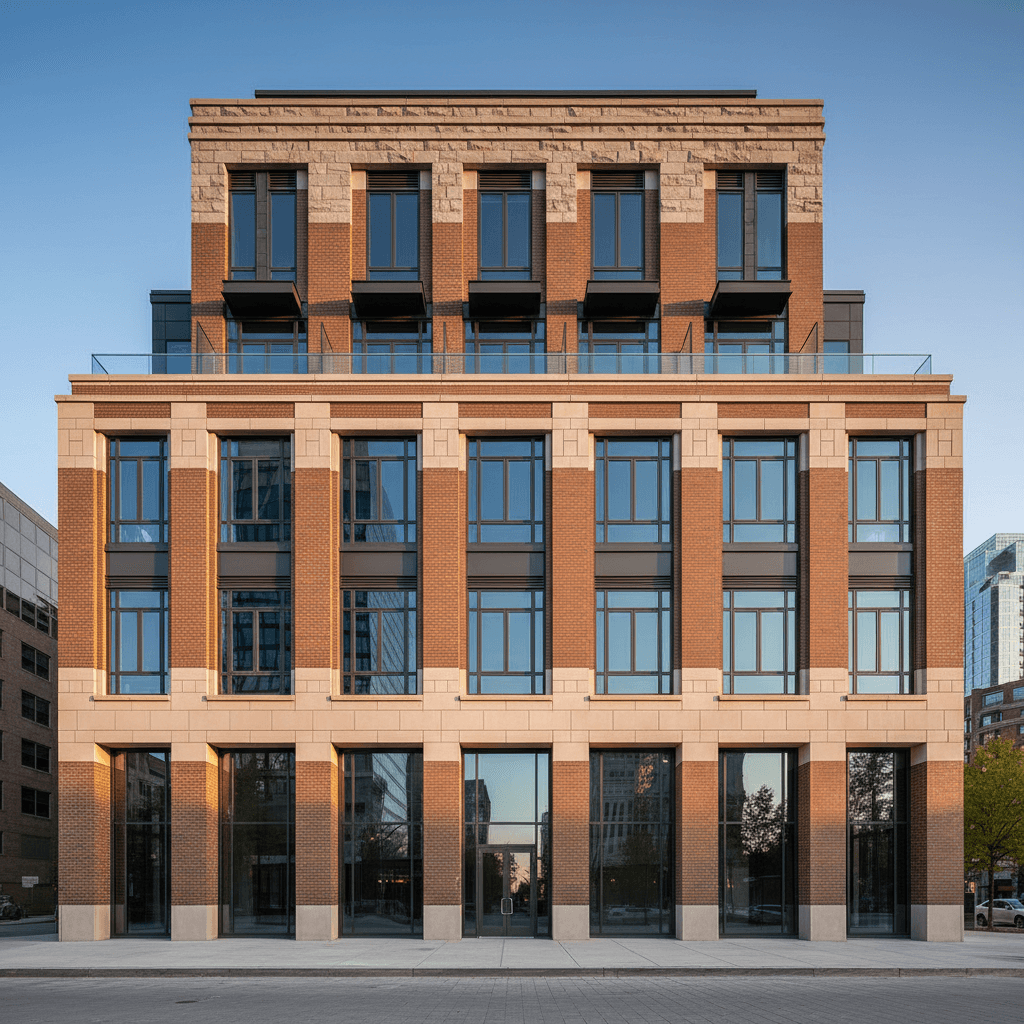 Modern commercial building exterior with professional brick and masonry work in DC metropolitan area