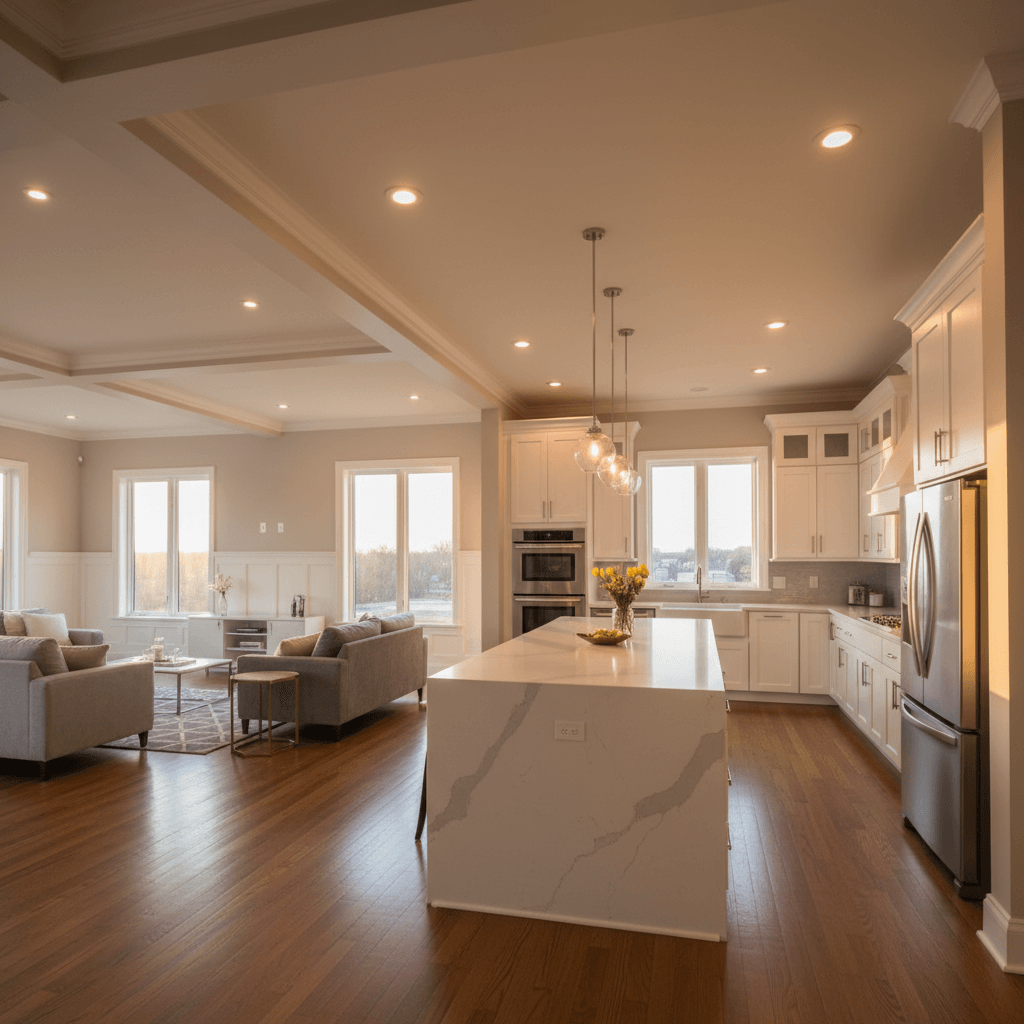 Professional interior renovation with modern kitchen and living space in Maryland by Atlantic Construction