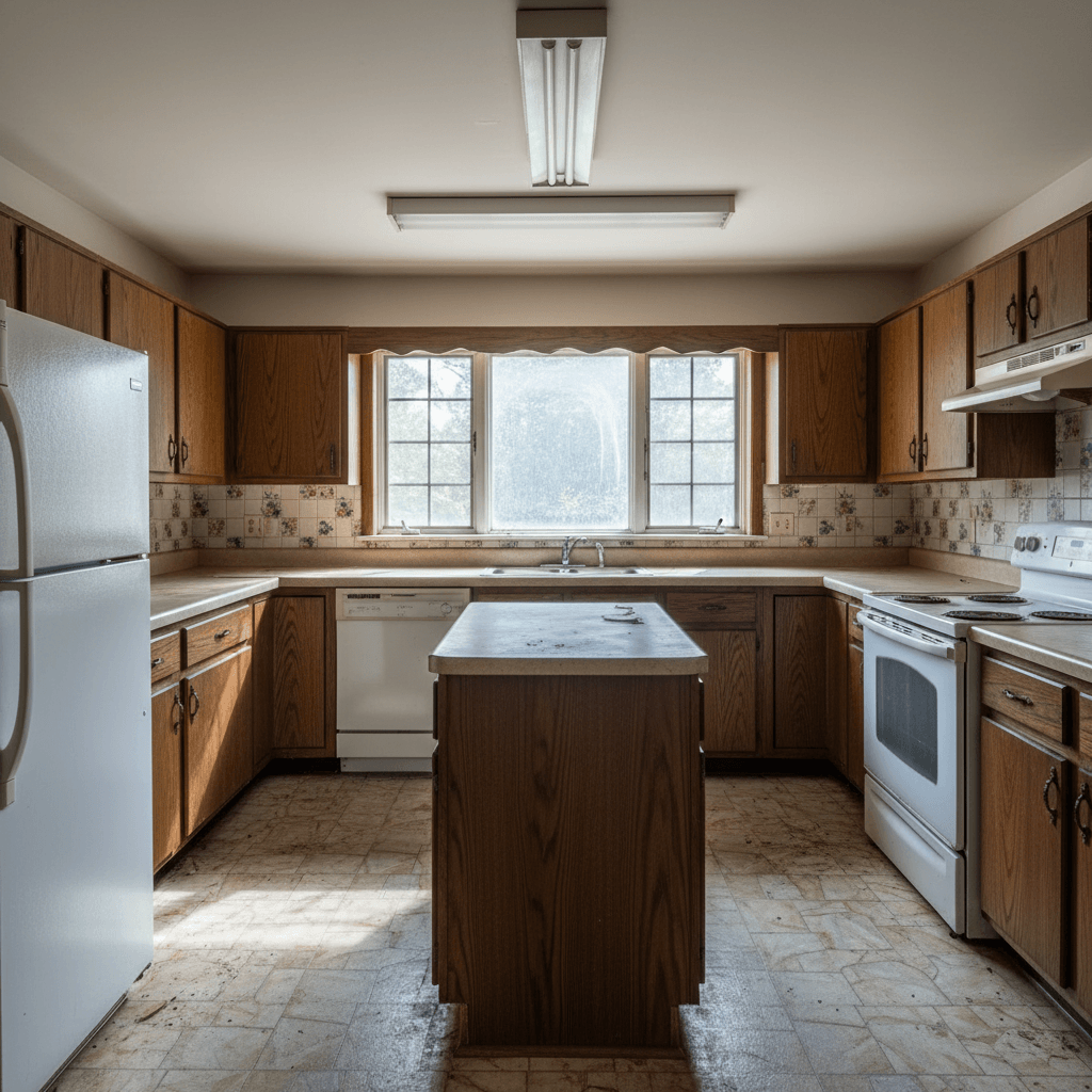 Outdated kitchen before renovation with old cabinets and worn countertops