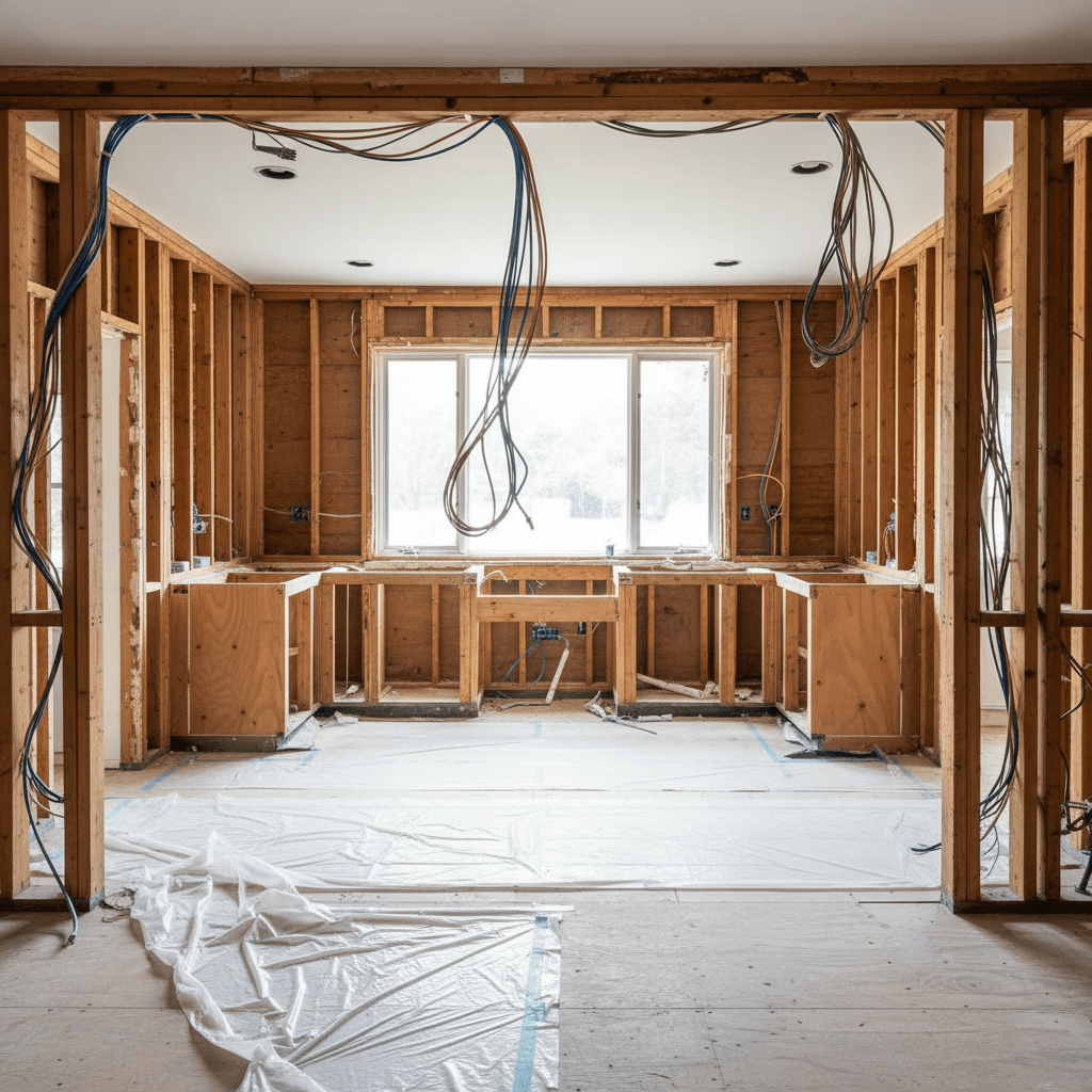 Kitchen demolition phase showing exposed walls and electrical preparation