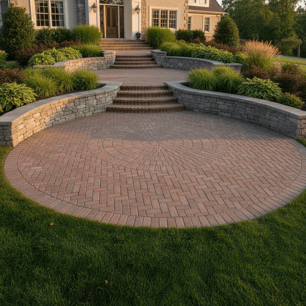 Stunning custom brick patio with herringbone pattern and stone retaining walls in Maryland by Atlantic Construction