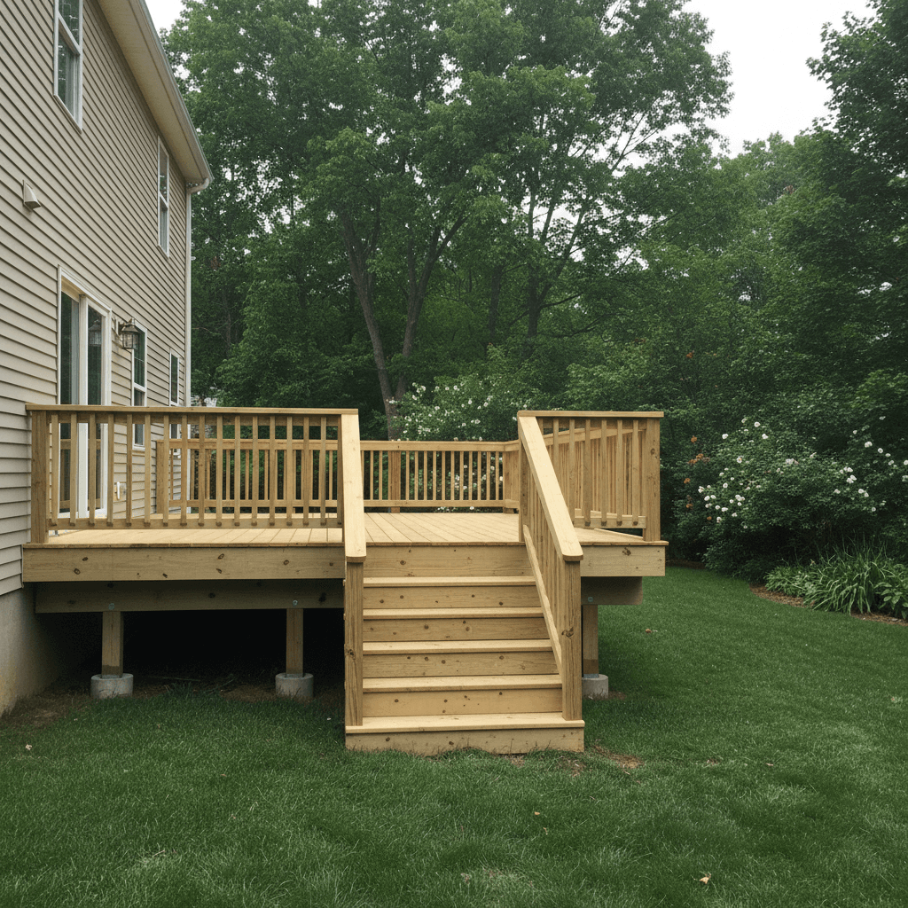 Pressure-treated wood deck with traditional railing and wide stairs to backyard in Maryland by Atlantic Construction