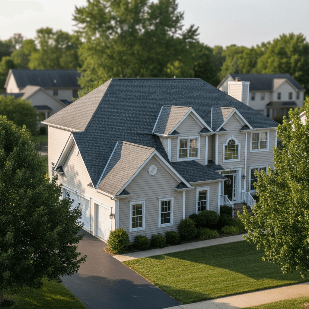 Multi-plane residential roof with architectural shingles in Maryland by Atlantic Construction