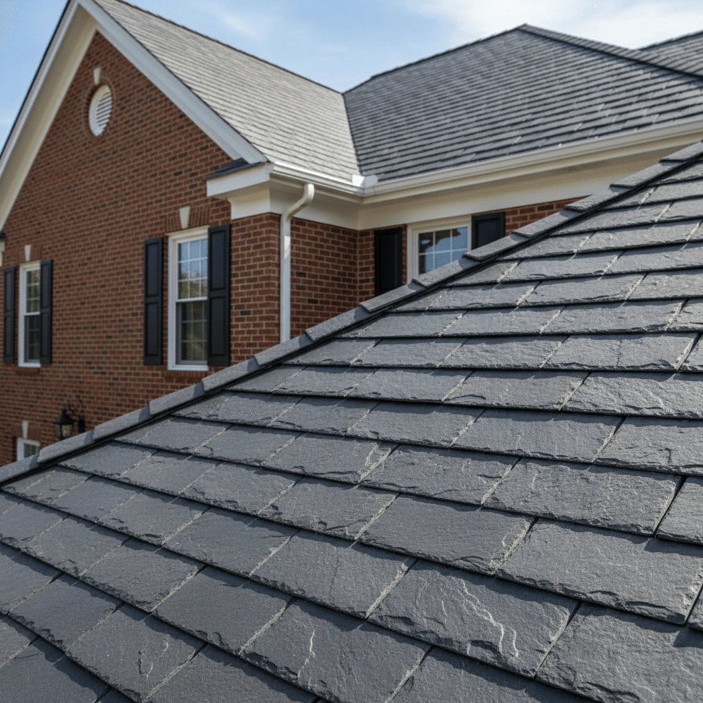 Synthetic slate roofing with authentic stone appearance
